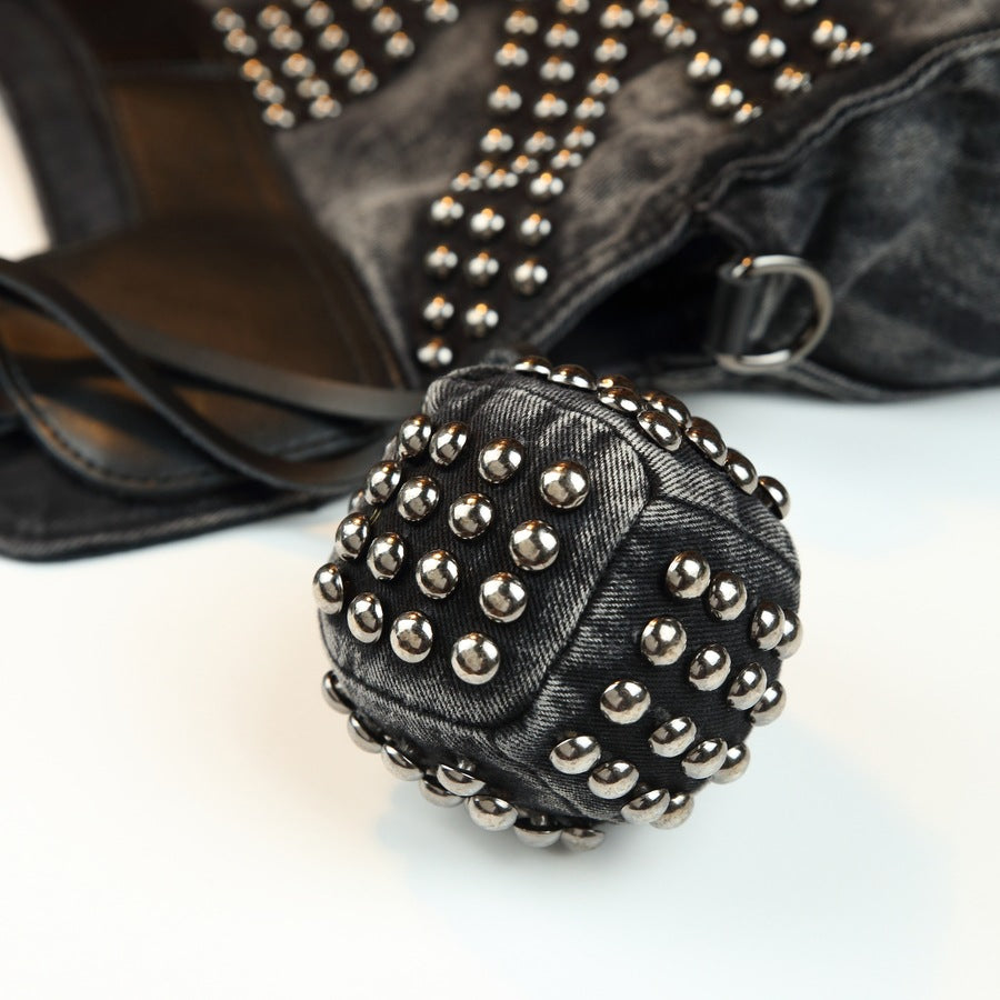 Handmade Beaded Denim Bucket Tote for Women Large Capacity Shoulder Crossbody Purse, Punk Style Handbag with Trendy Hardware Embellishments