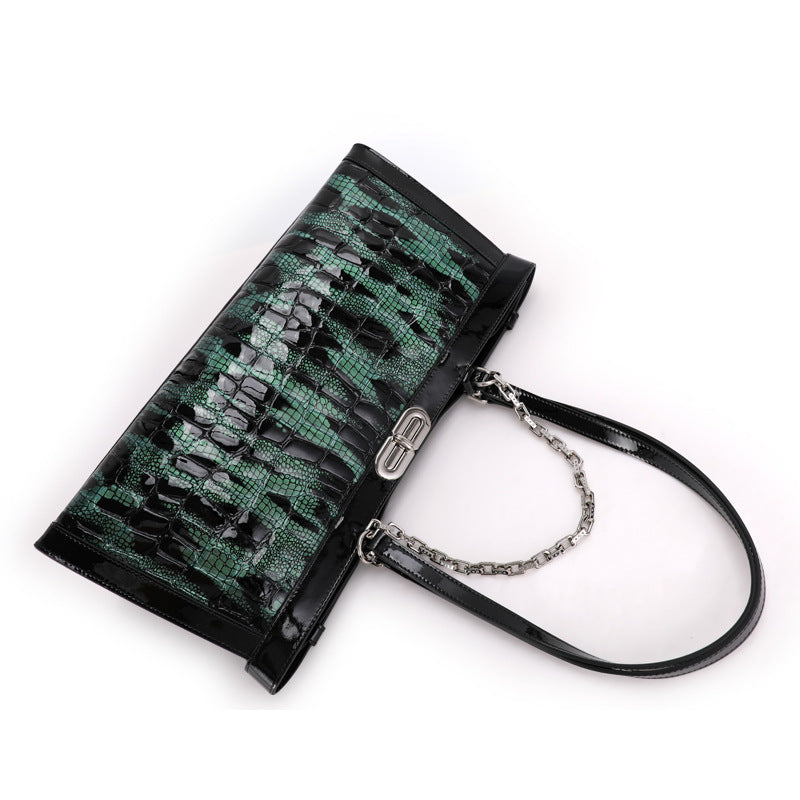 Dark Green Genuine Leather Underarm Mom Bag, Top Layer Cowhide Chain Shoulder Purse, New Premium Handbag for Women