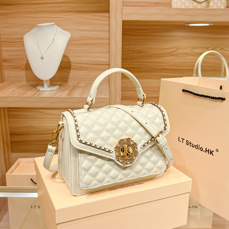 Genuine Leather Quilted Small Square Bag for Women, New Trendy Top Handle Shoulder Crossbody Purse, Fashionable Handbag for Ladies
