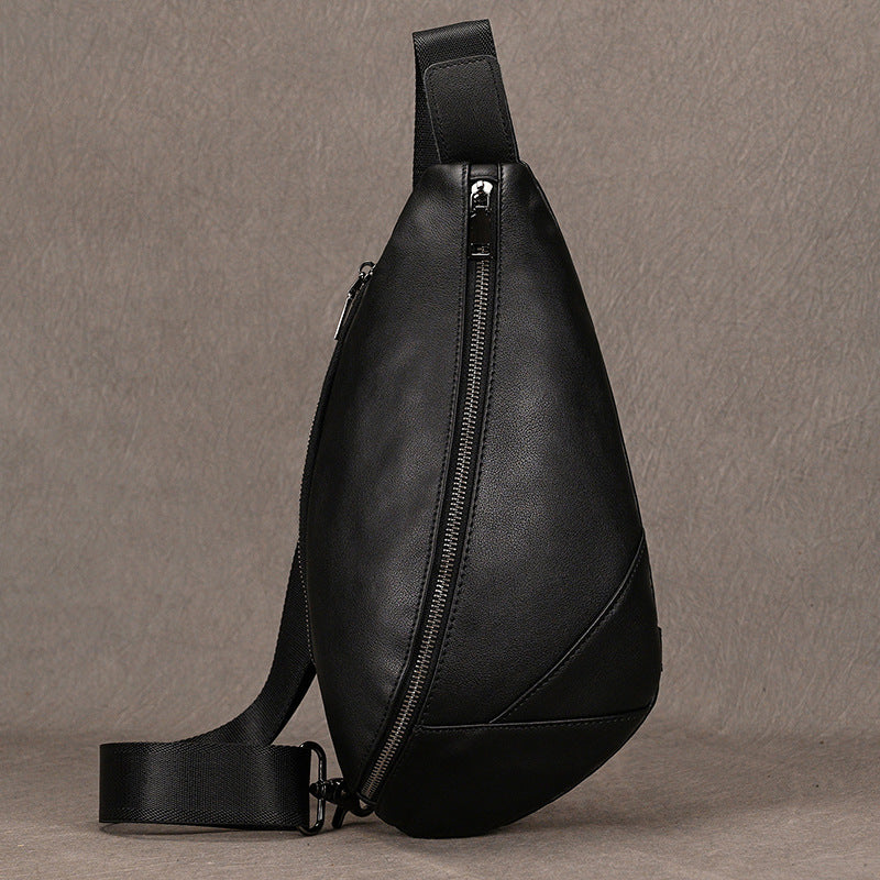 Black Genuine Leather Chest Bag, Fashionable Crossbody Shoulder Pouch, Outdoor Casual Bag for Men