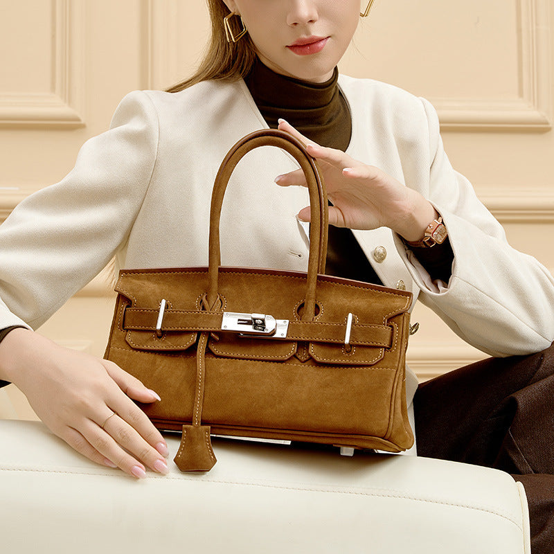 Chic Suede Horizontal Birkin-Inspired Tote Bag for Women, Large Capacity Genuine Leather Handbag with Unique Premium Design, Versatile Everyday Purse