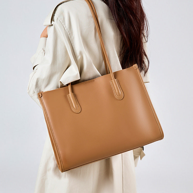 Genuine Leather Niche Tote Bag for Women Large Capacity Commuter Cowhide Shoulder Handbag, Premium Versatile Purse with Understated Elegance