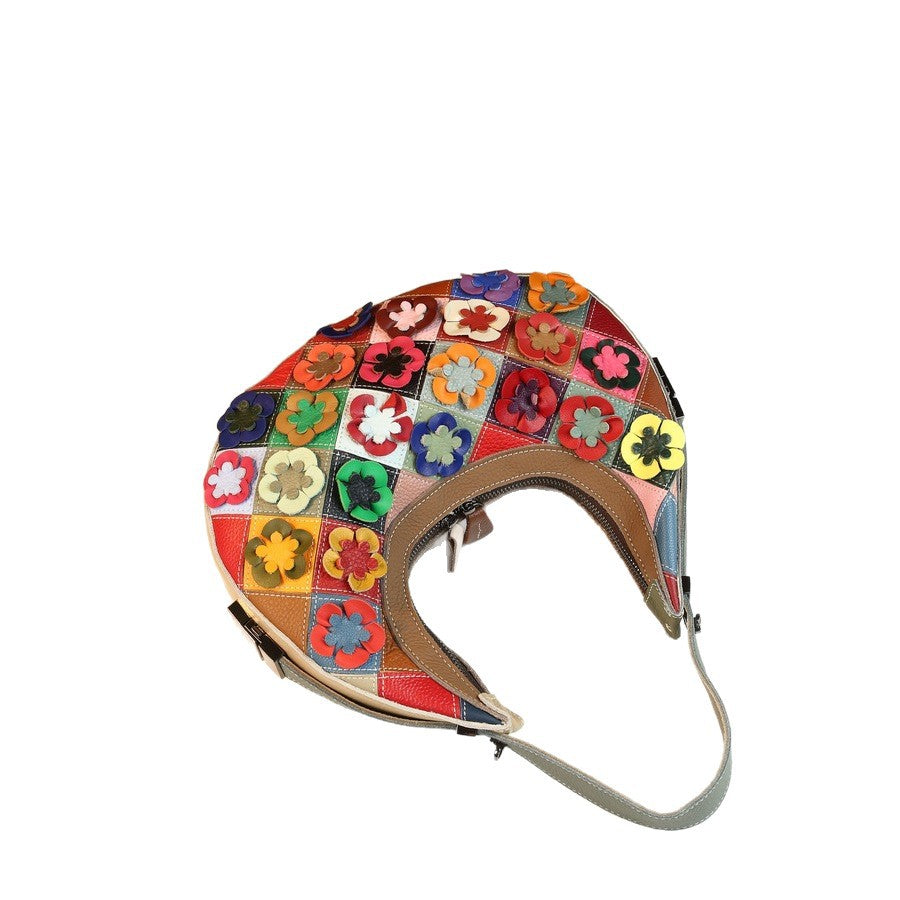 New Arrival Handmade Floral Genuine Leather Bag for Women, A Colorful Flower Patchwork Shoulder Crossbody Top-Handle Handbag with Unique Design