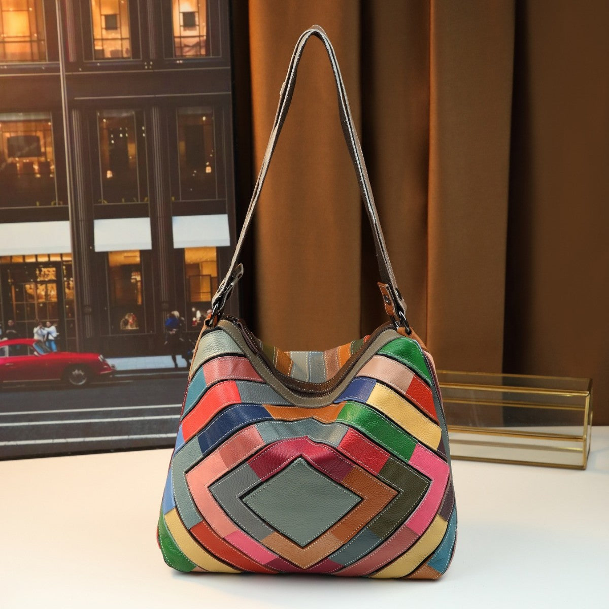Geometric Grid Genuine Leather Patchwork Tote Bag for Women Colorful Shoulder Crossbody Handbag, Trendy Korean Style with Ethnic Boho Design