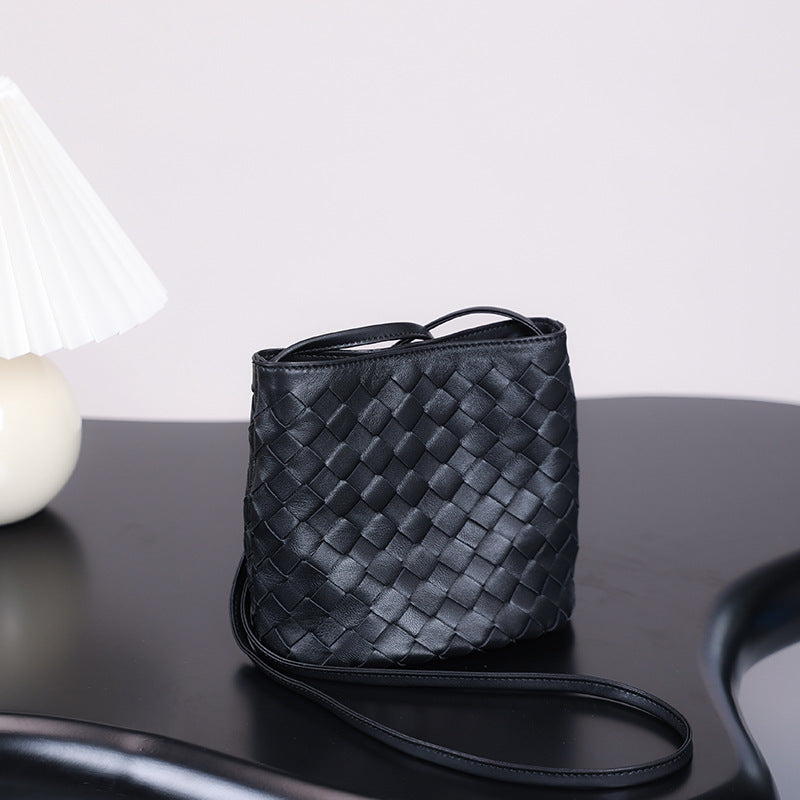 Sheepskin Handwoven Bucket Bag for Women Premium Crossbody Shoulder Handbag, Trendy Fashion Purse with Soft Luxurious Texture