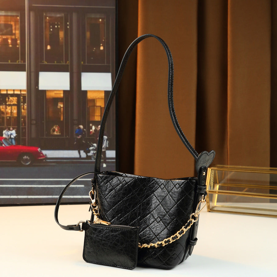 Quilted Chain Bucket Bag Set for Women Korean Style Shoulder Crossbody Handbag, Versatile Travel Purse with Detachable Sub-Bag