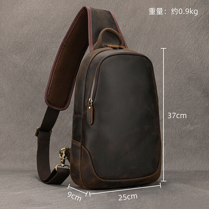 Large Capacity Crazy Horse Leather Chest Bag with USB Port, Casual Crossbody Shoulder Pouch, Commute Leisure Bag for Men
