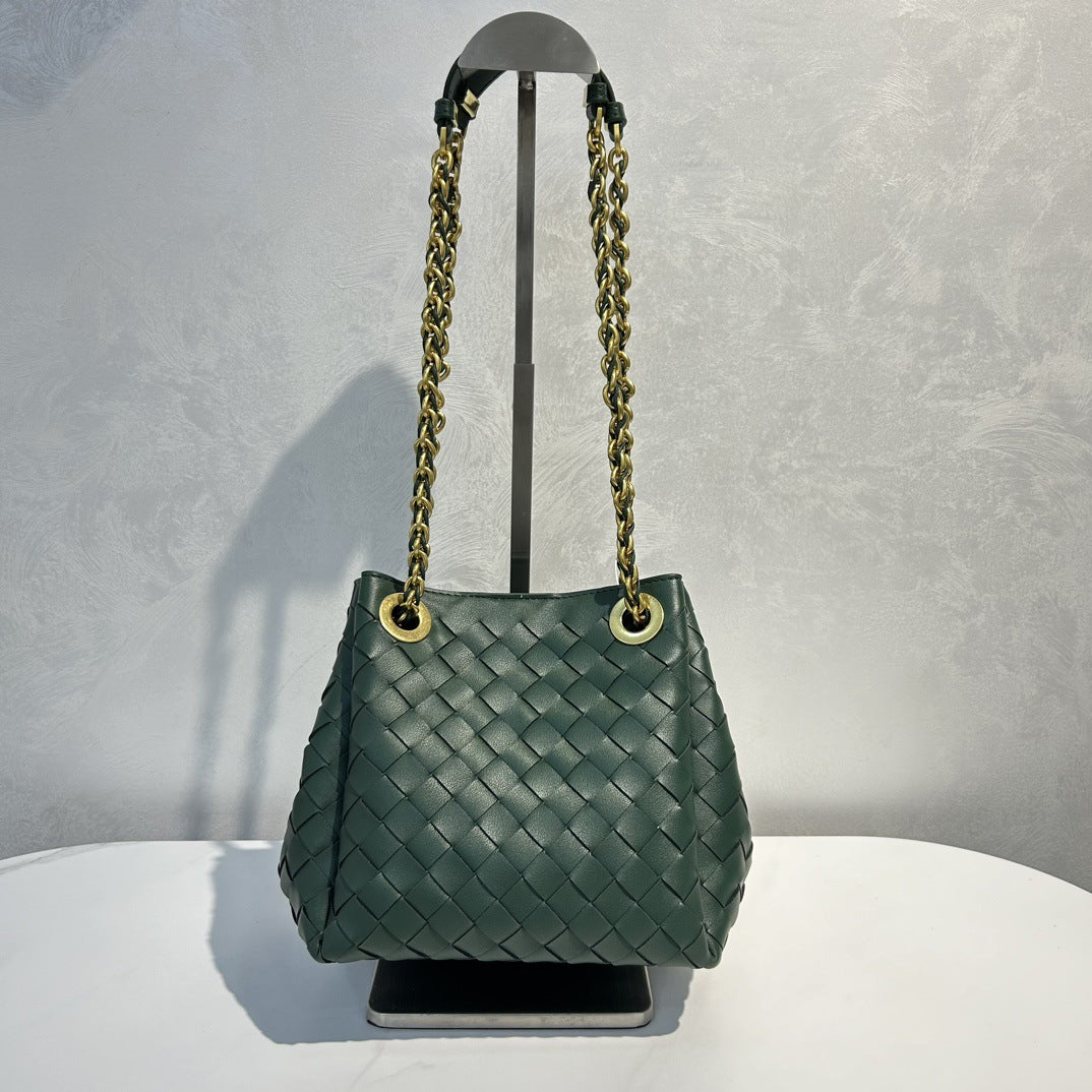 Genuine Leather Metal Chain Woven Parachute Bag for Women, Large Capacity Vintage Underarm Shoulder Crossbody Purse, Premium Handbag for Ladies