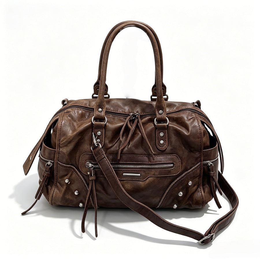 Vintage Studded Biker Tote Bag for Women Large Capacity Distressed Shoulder Crossbody Handbag, Versatile Travel Purse with Edgy Hardware Accents