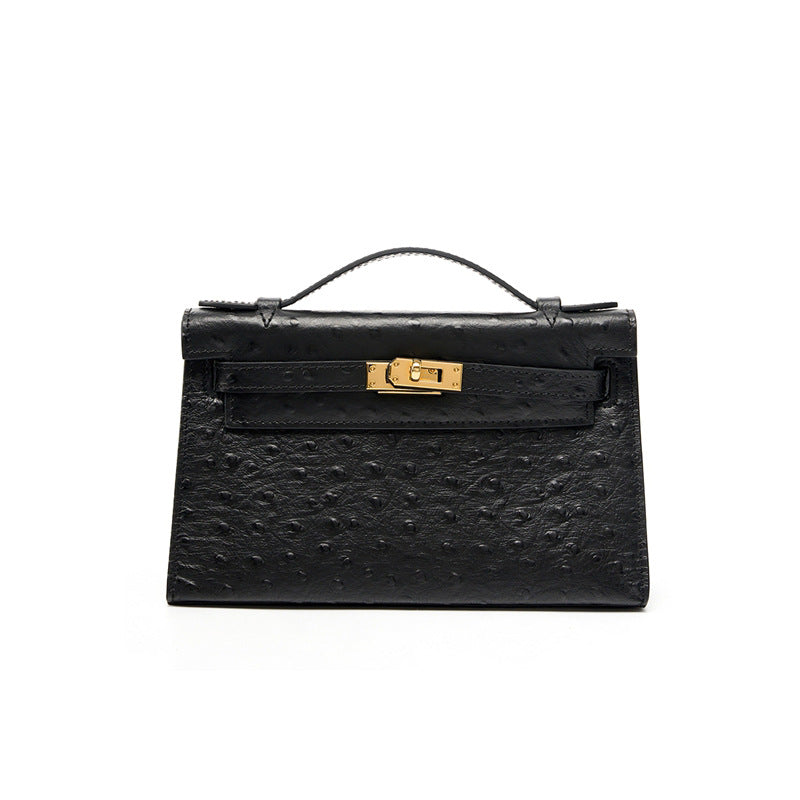 Ostrich-Embossed Kelly-Style Bag in Top Layer Cowhide, Premium Niche Design Shoulder Crossbody Top Handle Purse, Versatile Fashionable Handbag for Women