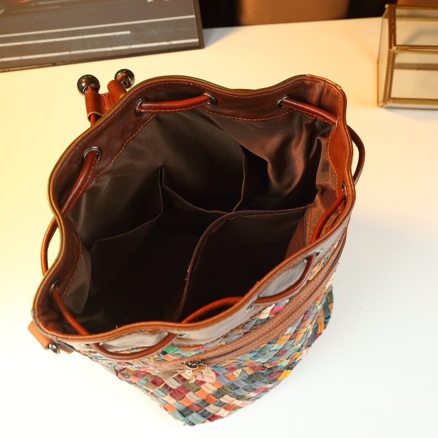 Woven Patchwork Leather Tote Bag for Women Large Capacity Cowhide Shoulder Purse with Drawstring Closure and Handmade Craftsmanship