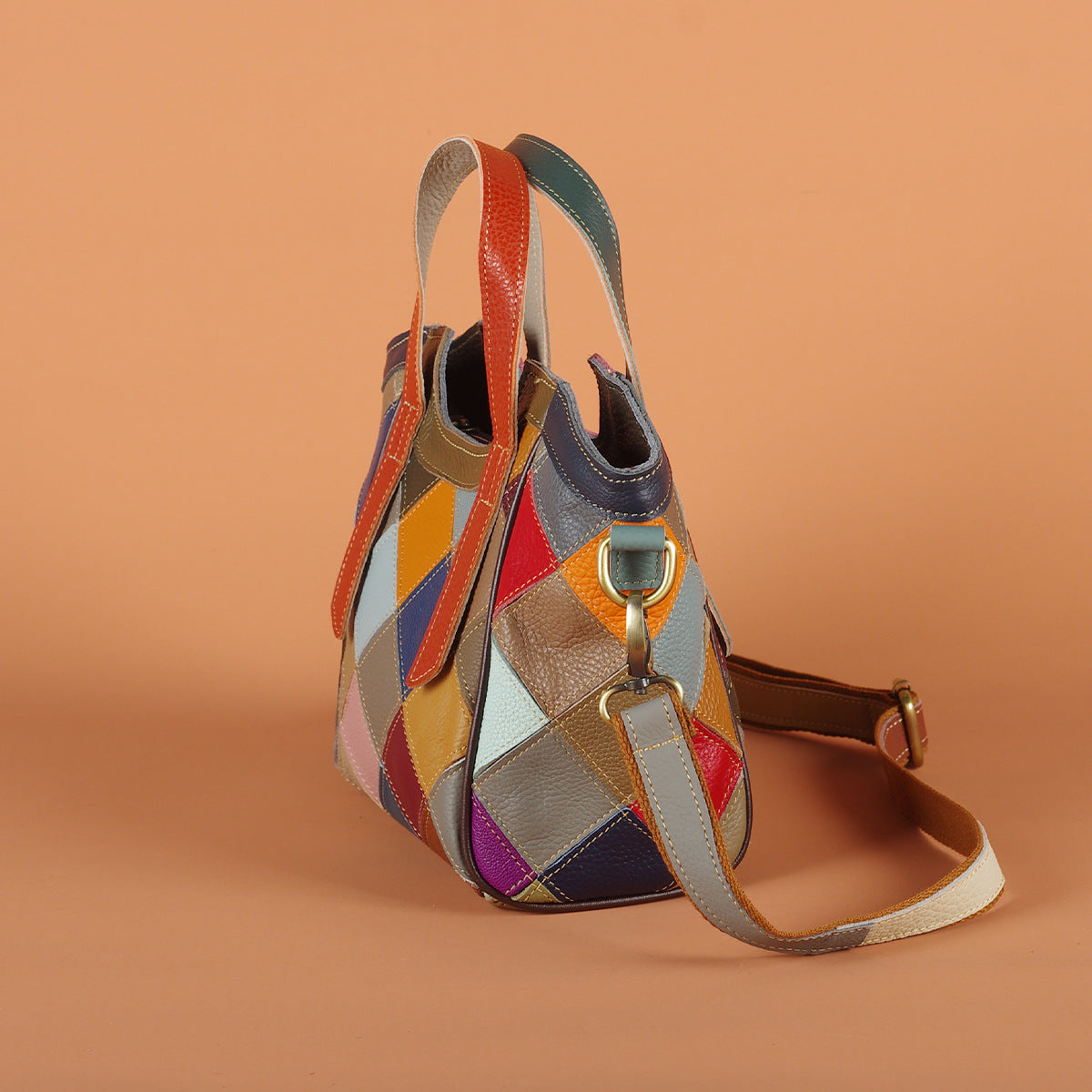 Genuine Leather Vintage Colorful Plaid Patchwork Handbag for Women, Ethnic Casual Shoulder Crossbody Top Handle Purse, Color Block Designer Bag for Ladies