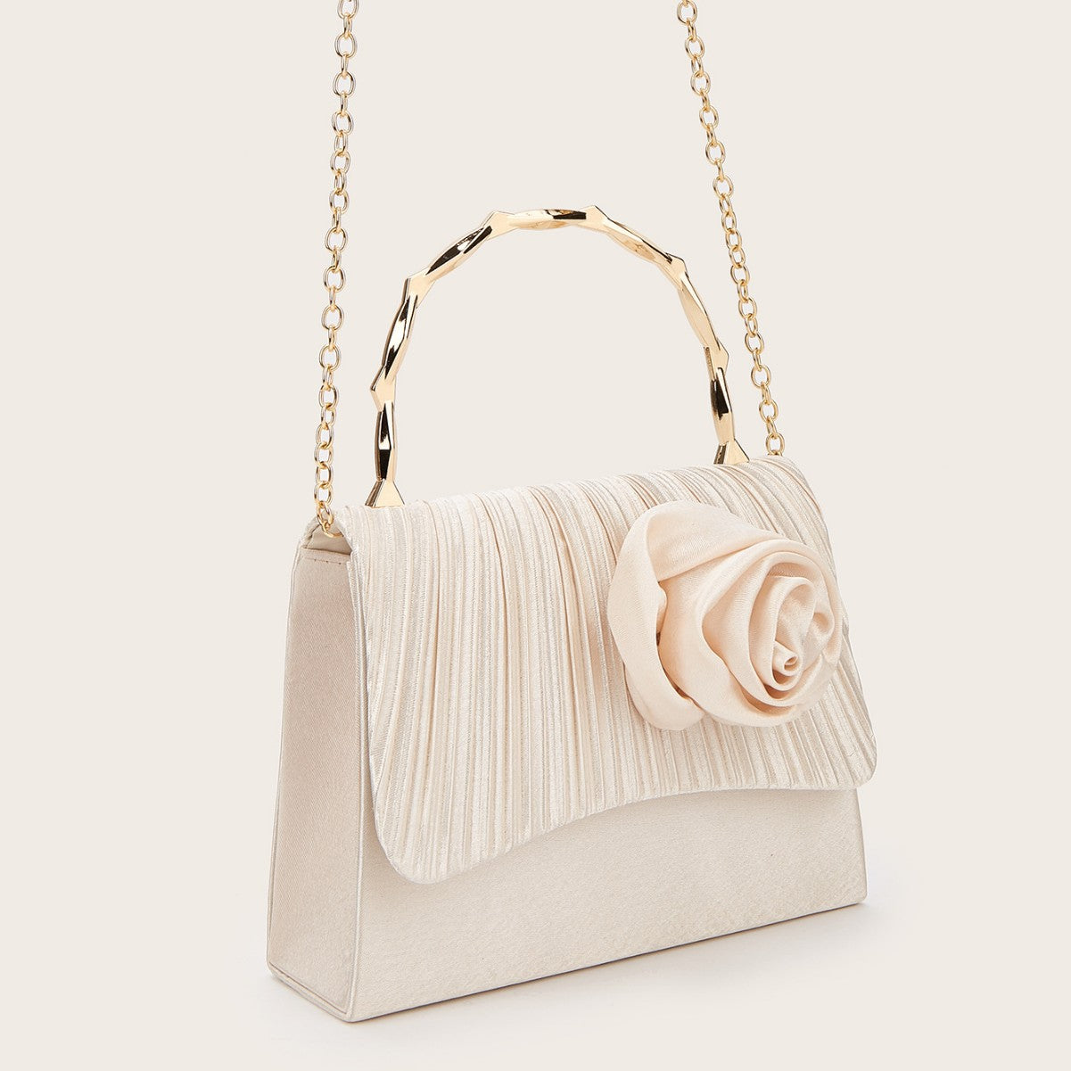 French Style Light Luxury Evening Clutch for Women, New Pleated Satin Floral Gold Bamboo Handle Top Handle Bag, Elegant Gown Party Purse for Ladies