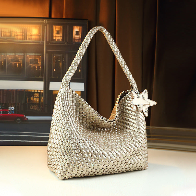 Star Handwoven Bucket Tote Bag for Women Large Capacity Casual Slouchy Shoulder Underarm Handbag with Premium Textured Design