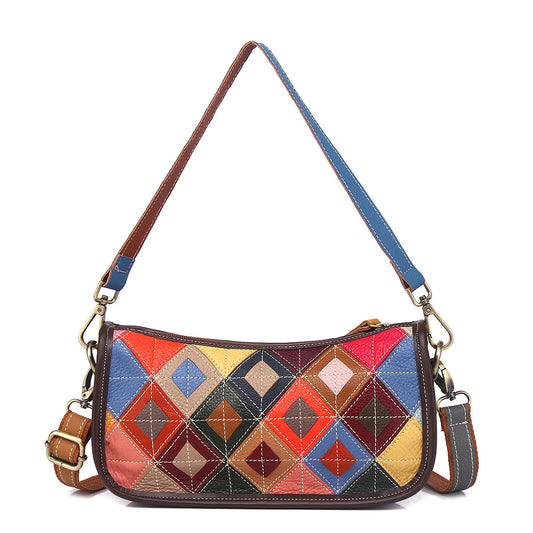 Genuine Top Layer Cowhide Vintage Underarm Bag for Women, Colorful Patchwork Color Block Handmade Shoulder Small Purse, Niche Designer Bag for Ladies