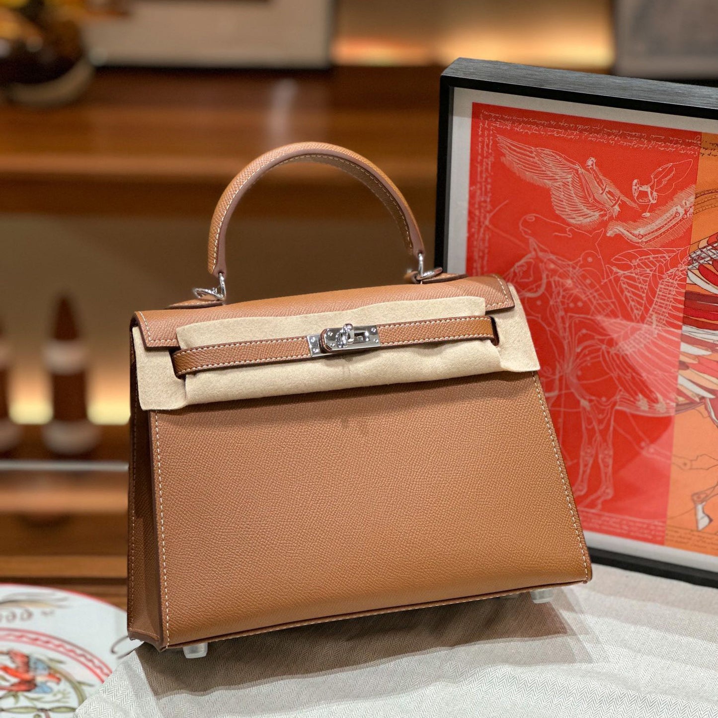 Genuine Leather Palm Pattern 2nd Gen Kelly-Style Handbag for Women, Gold & Silver Hardware Top Handle Shoulder Crossbody Purse, Fashionable Bag for Ladies