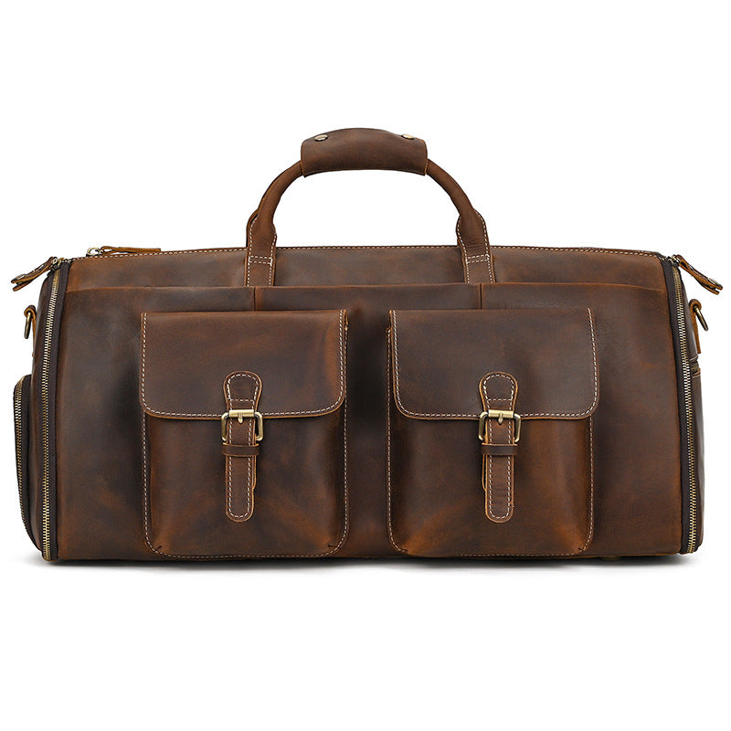 20-Inch Crazy Horse Leather Suit Garment Duffle Bag, Large Capacity Travel Weekender, Shoulder Crossbody Luggage for Men