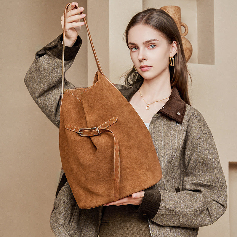 Genuine Top Layer Cowhide Bucket Tote Bag for Women, Korean Style Niche Fashionable Large Capacity Shoulder Top Handle Purse, Premium Handbag for Ladies