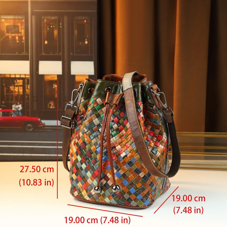 Woven Patchwork Leather Tote Bag for Women Large Capacity Cowhide Shoulder Purse with Drawstring Closure and Handmade Craftsmanship