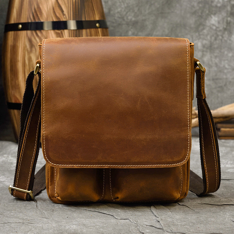 Genuine Top Layer Crazy Horse Cowhide Shoulder Bag for Men, Flap Crossbody Pouch, Outdoor iPad Tablet Bag, Casual Everyday Bag for Gentlemen