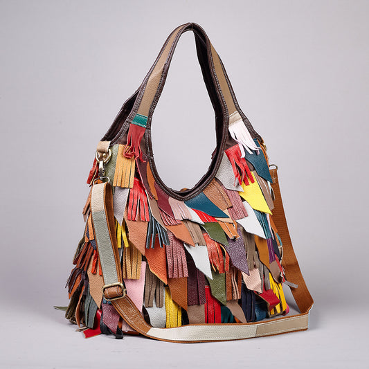 Premium Top-Layer Cowhide Leather Forest-Style Bag for Women | Colorful Tassel Color-Block Shoulder Cross-Body Handbag with Unique Artistic Flair | Trendy Bohemian Purse for Everyday Chic, Travel & Casual Outings | Statement Accessory with Vibrant Fr