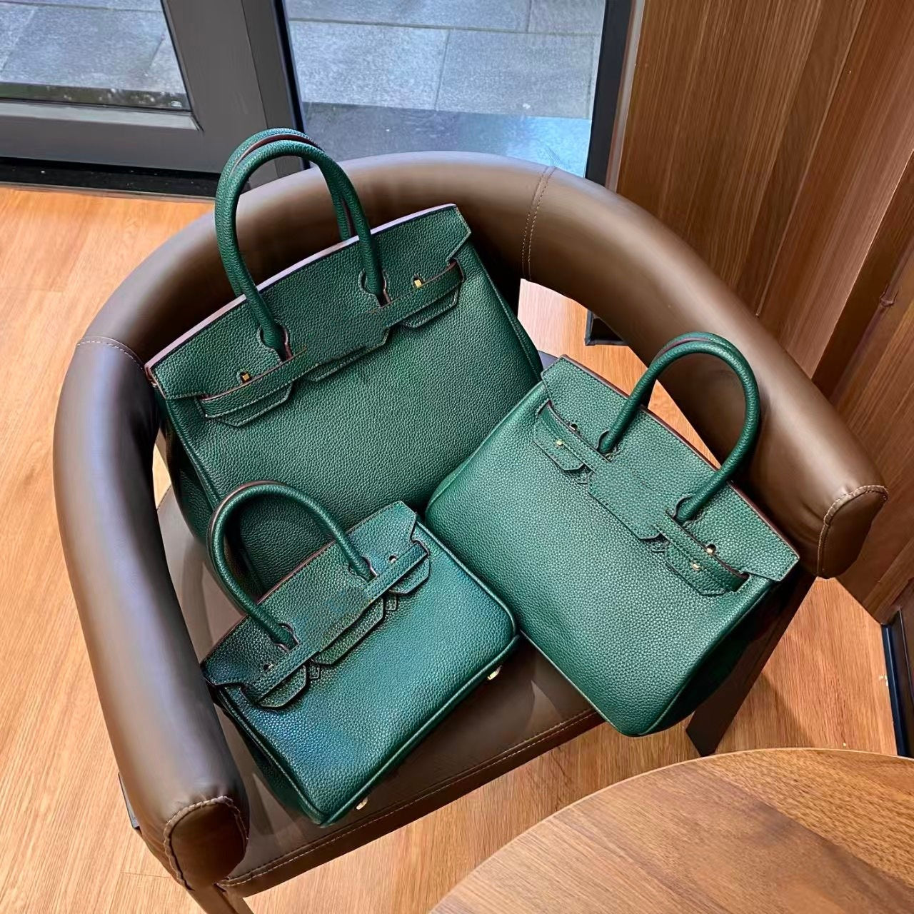 Genuine Togo Top Layer Cowhide Birkin-Style Bag with Waxed Thread Stitching, Full Steel Hardware Lock Top Handle Handmade Purse, Premium Leather Bag for Ladies