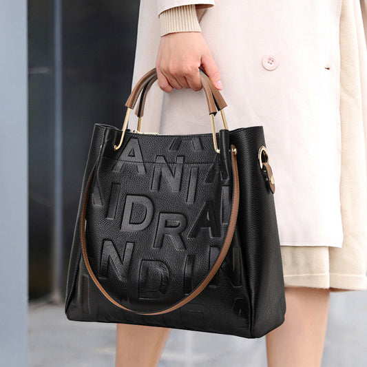 Genuine Leather Large Capacity Bucket Bag for Women, New Trendy Shoulder Crossbody Top Handle Purse, Letter Design Handbag for Ladies