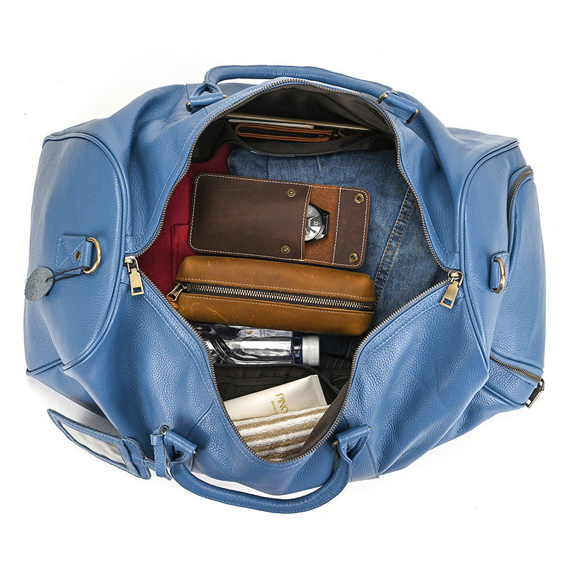 Blue Vintage Genuine Leather Travel Duffle, Large Capacity Gym Bag with Shoe Compartment, Shoulder Crossbody Weekender for Men and Women