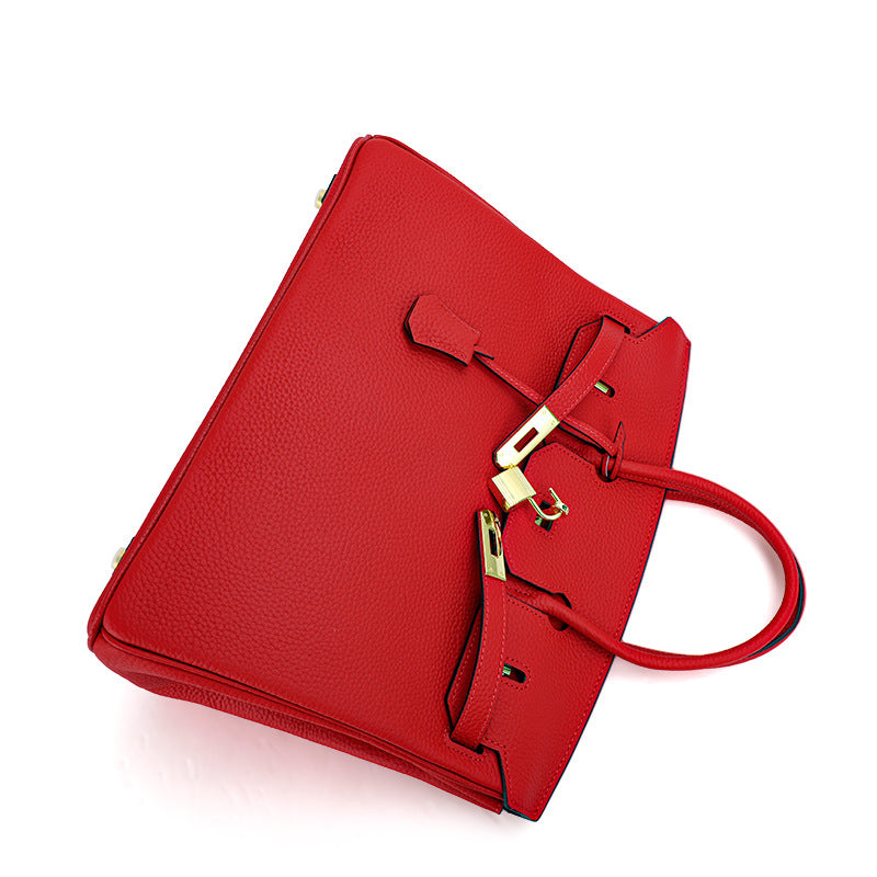 Red Pebbled Leather Birkin-Style Large Tote, Premium Top Handle Handbag, Large Capacity Genuine Leather Bag for Women
