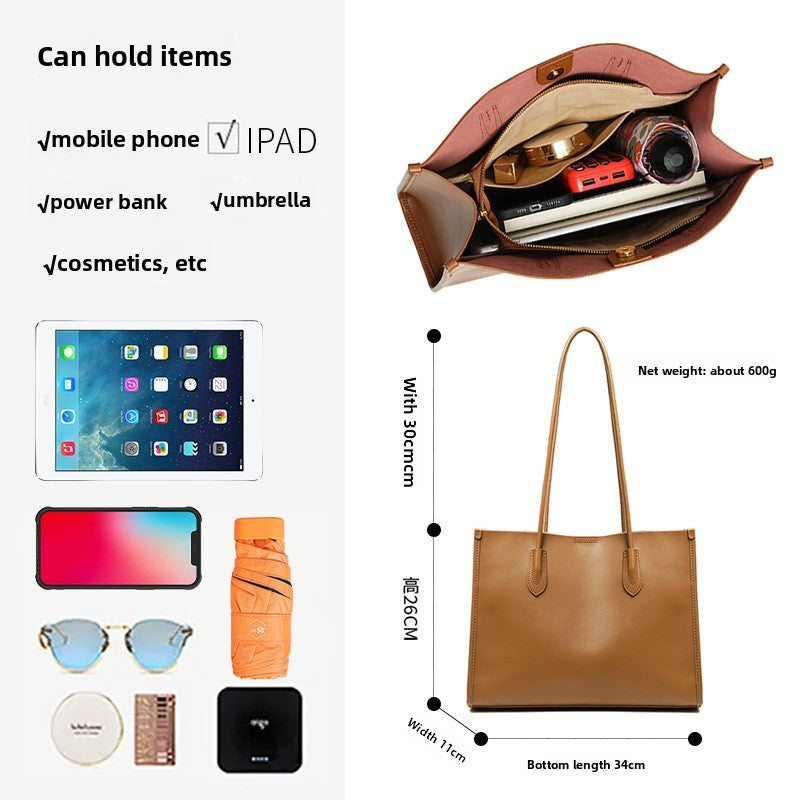 New Korean Style Genuine Leather Large Tote Bag, Premium Commute Shoulder Handbag, Spacious Everyday Purse for Women