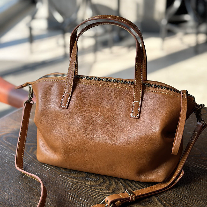 Genuine Top Layer Cowhide Dumpling Bag for Women, Exquisite Shoulder Crossbody Purse, Vegetable-Tanned Pleated Top Handle Handbag, Chic Everyday Bag for Ladies