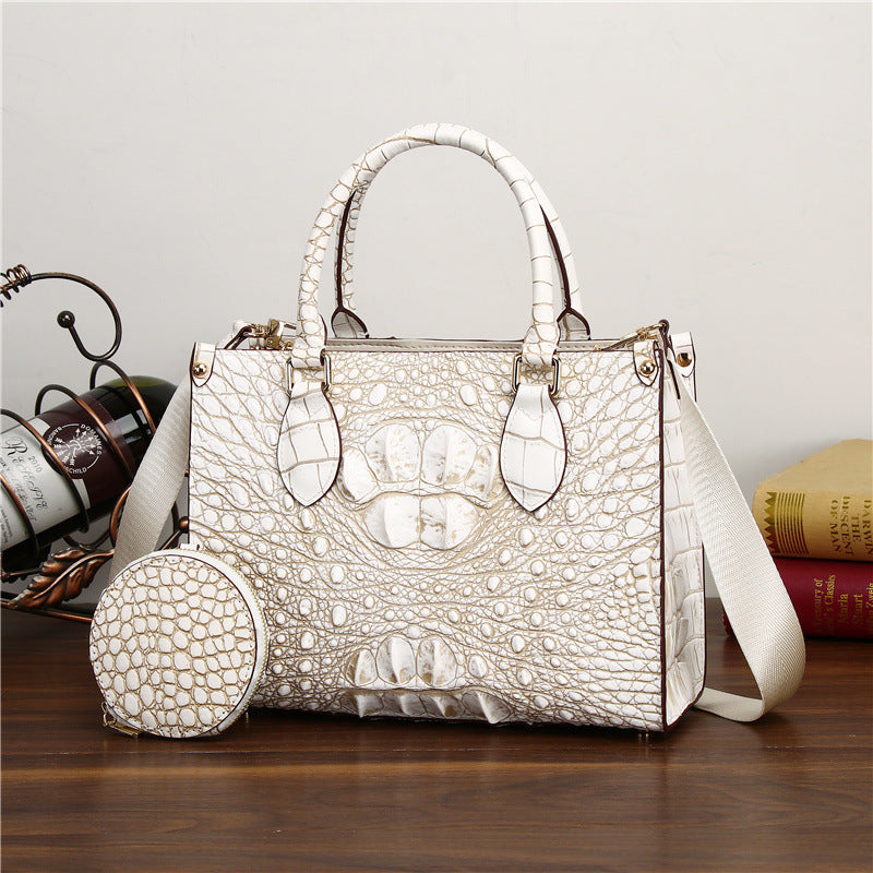 Genuine Leather Couple Tote Bag with Coin Purse, Crocodile Embossed Large Capacity Business Shoulder Handbag for Men and Women