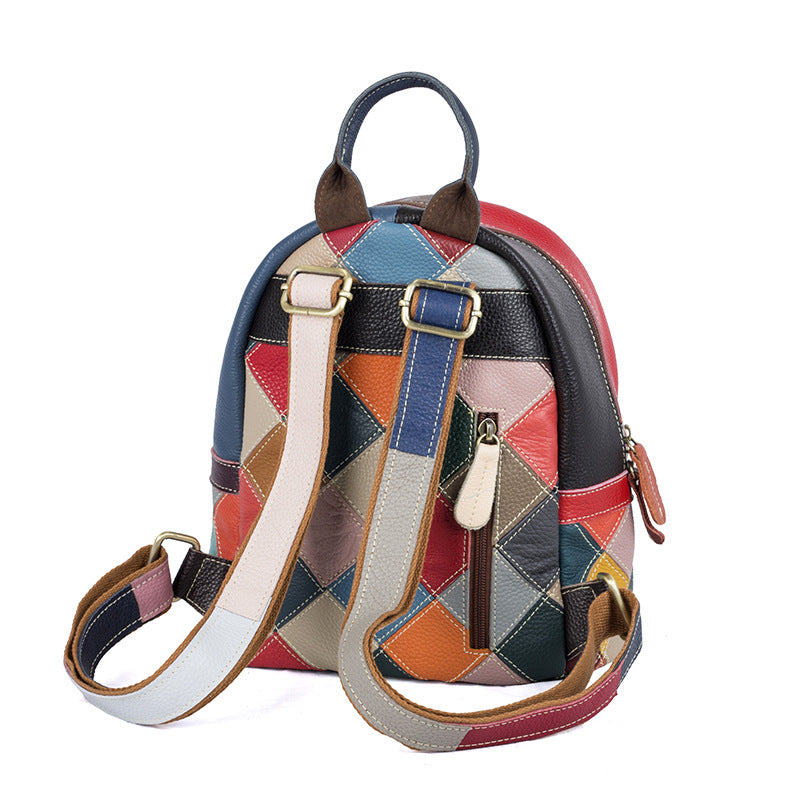 Genuine Cowhide Ethnic Colorful Diamond Quilted Patchwork Backpack for Women, Casual Trendy Handmade Shoulder Bag with Multi-Zipper Design, Travel Daypack for Ladies