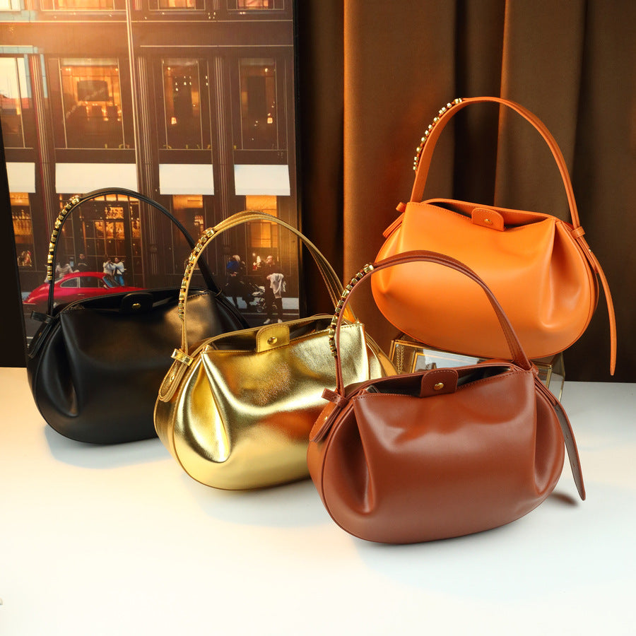 French Style Soft Leather Pleated Cloud Dumpling Bag for Women with Metal Letter Embellishment, Minimalist Solid Color Shoulder Crossbody Handbag