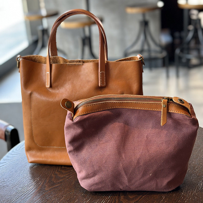 Genuine Cowhide Handbag for Women, New Spring Summer Japanese Vintage Shoulder Crossbody Top Handle Purse, Minimalist Commute Bag for Ladies