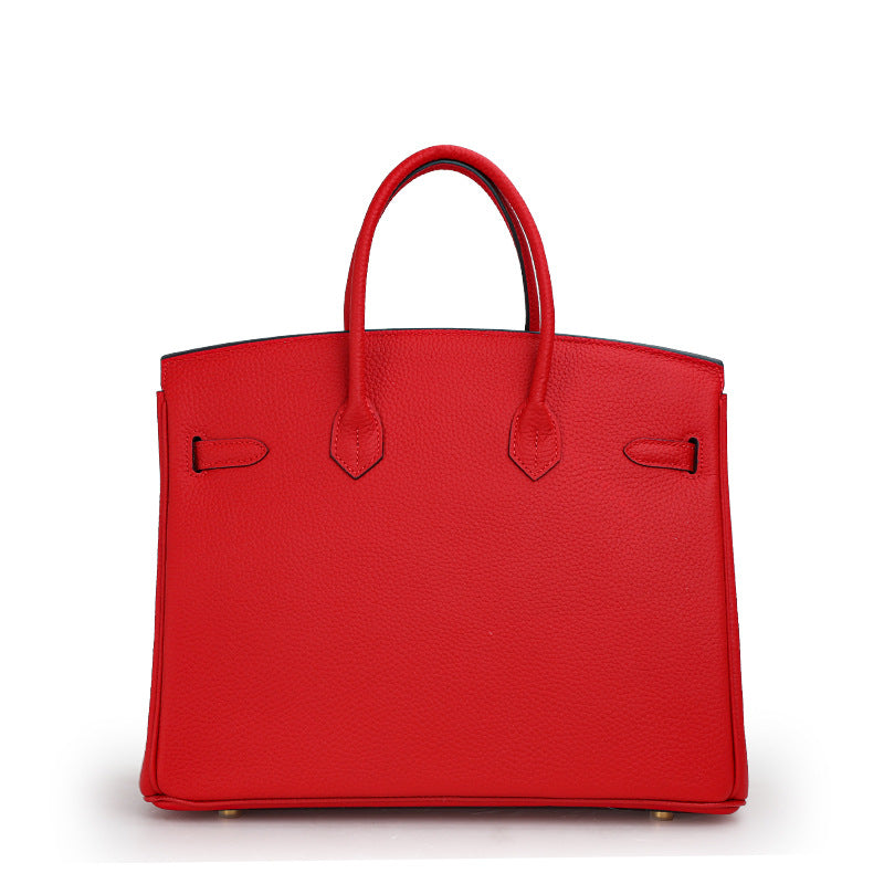 Chic Red Pebbled Leather Birkin-Inspired Tote Bag for Women, Large Capacity Genuine Leather Top-Handle Handbag with Elegant Sophisticated Design, Everyday Purse