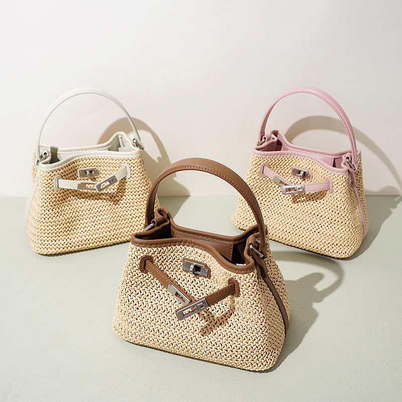 Casual Basket Woven Bucket Bag in Genuine Leather, Korean Style Patchwork Underarm Shoulder Crossbody Purse, Versatile Handbag for Women