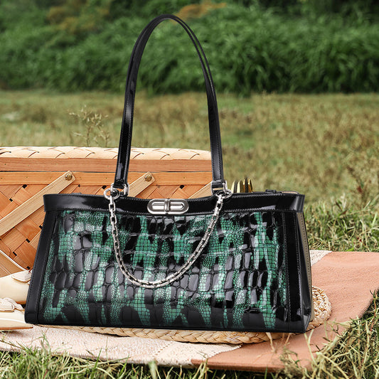 Dark Green Genuine Leather Underarm Mom Bag, Top Layer Cowhide Chain Shoulder Purse, New Premium Handbag for Women