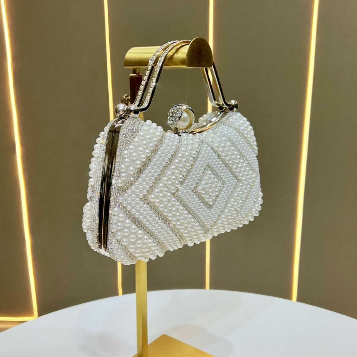 Elegant Pearl & Rhinestone Embellished Evening Bag for Women, A Light Luxury Chain Top-Handle Handbag with Exquisite Glamorous Design, Perfect for Banquets & Special Occasions