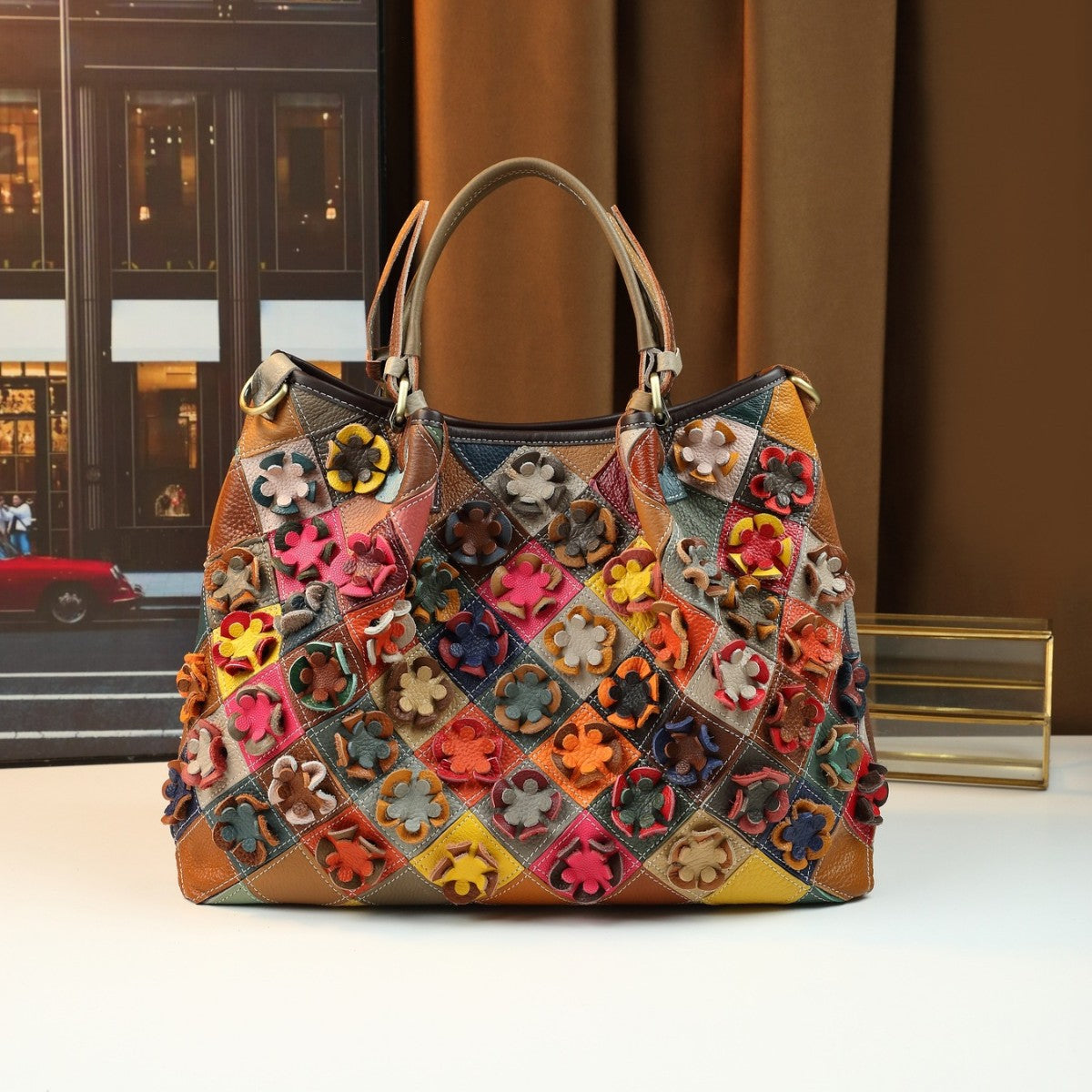 Bohemian Floral Patchwork Bucket Bag for Women Genuine Leather Large Capacity Shoulder Crossbody Handbag, Colorful Artisan Purse with Boho Charm