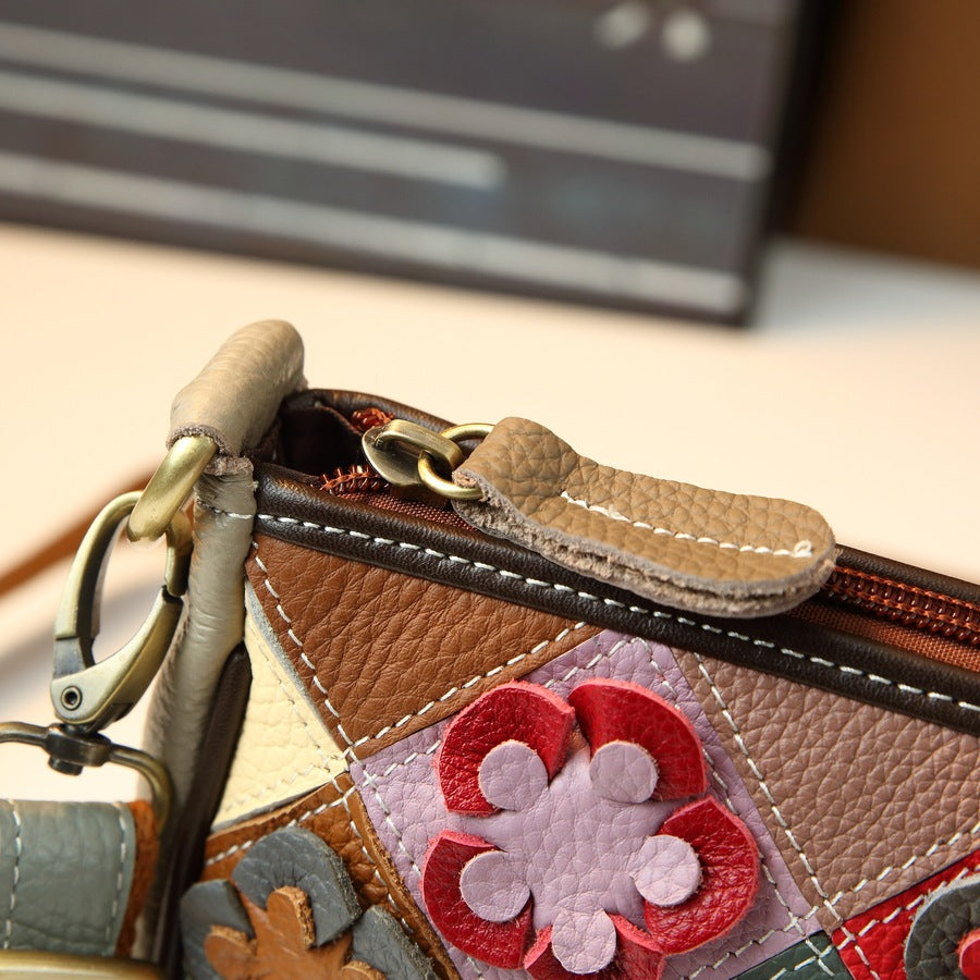 Handcrafted Patchwork Floral Quilted Mini Square Bag for Women Genuine Leather Lightweight Shoulder Crossbody Purse