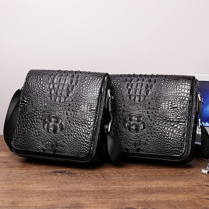 New Arrival Croc-Effect Genuine Leather Messenger Bag for Men, A Cowhide Shoulder Crossbody Handbag with Fashionable Design