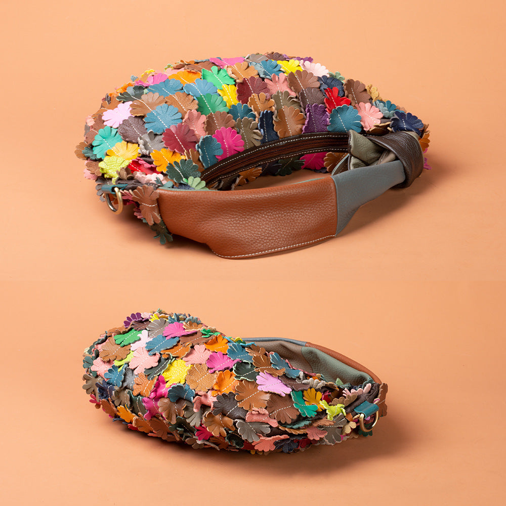 Genuine Leather Ethnic Colorful Patchwork Floral Crescent Bag for Women, New Arrival Bohemian Crossbody Shoulder Purse, Unique Designer Handbag for Ladies