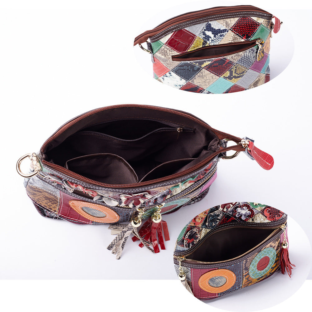 Snakeskin Colorful Tassel Floral Genuine Leather Bag, Unique Underarm Shoulder Crossbody Purse, Versatile Handbag for Women