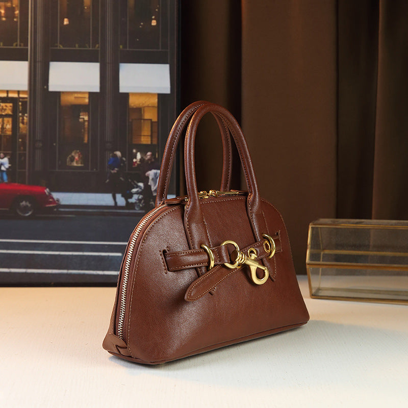 Top Layer Cowhide Shell Bowling Tote Bag for Women Vintage Underarm Shoulder Crossbody Handbag, Genuine Leather Purse with Classic Silhouette
