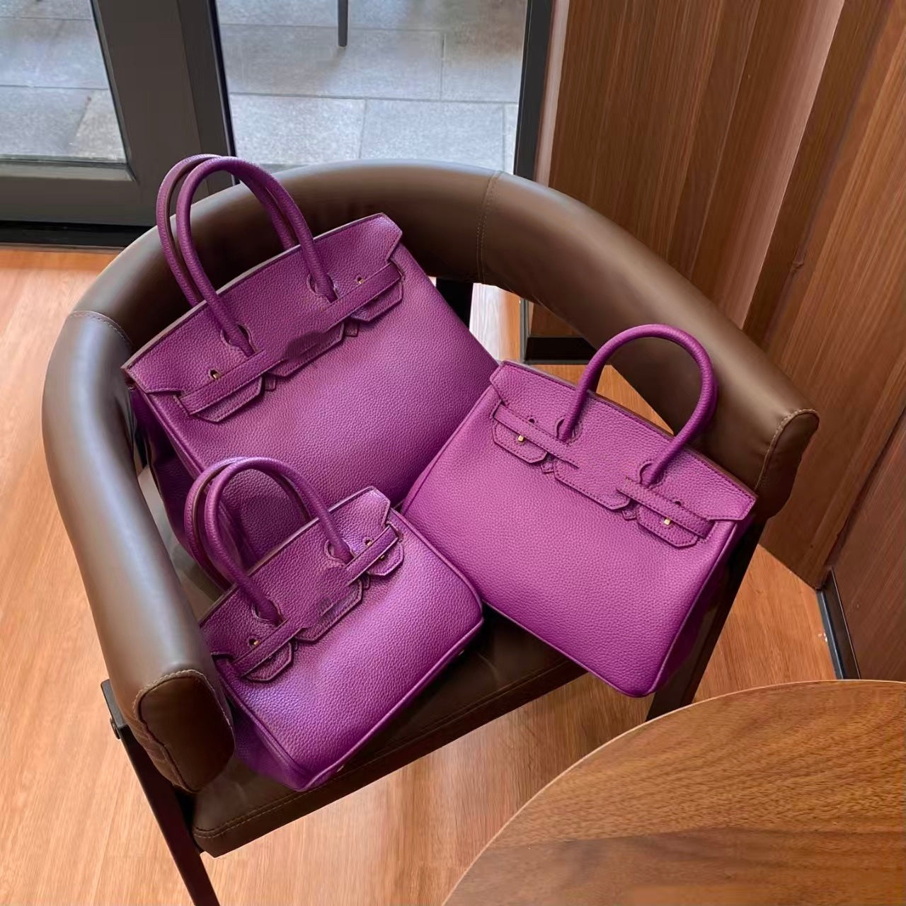 Genuine Togo Top Layer Cowhide Birkin-Style Bag with Waxed Thread Stitching, Full Steel Hardware Lock Top Handle Handmade Purse, Premium Leather Bag for Ladies