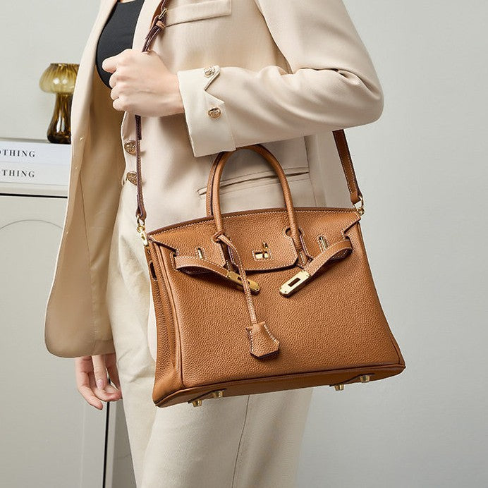 Premium Top-Layer Cowhide Leather with Pebbled Texture, Birkin-Inspired Tote Bag for Women, Spacious Large Capacity Top-Handle Shoulder Crossbody Handbag with Luxurious Feel