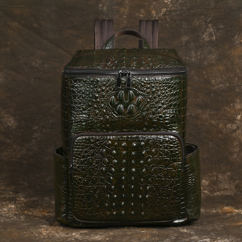 Men's Vintage Crocodile Embossed Waxed Leather Backpack Genuine Top Layer Cowhide Casual Minimalist Travel Laptop Bag