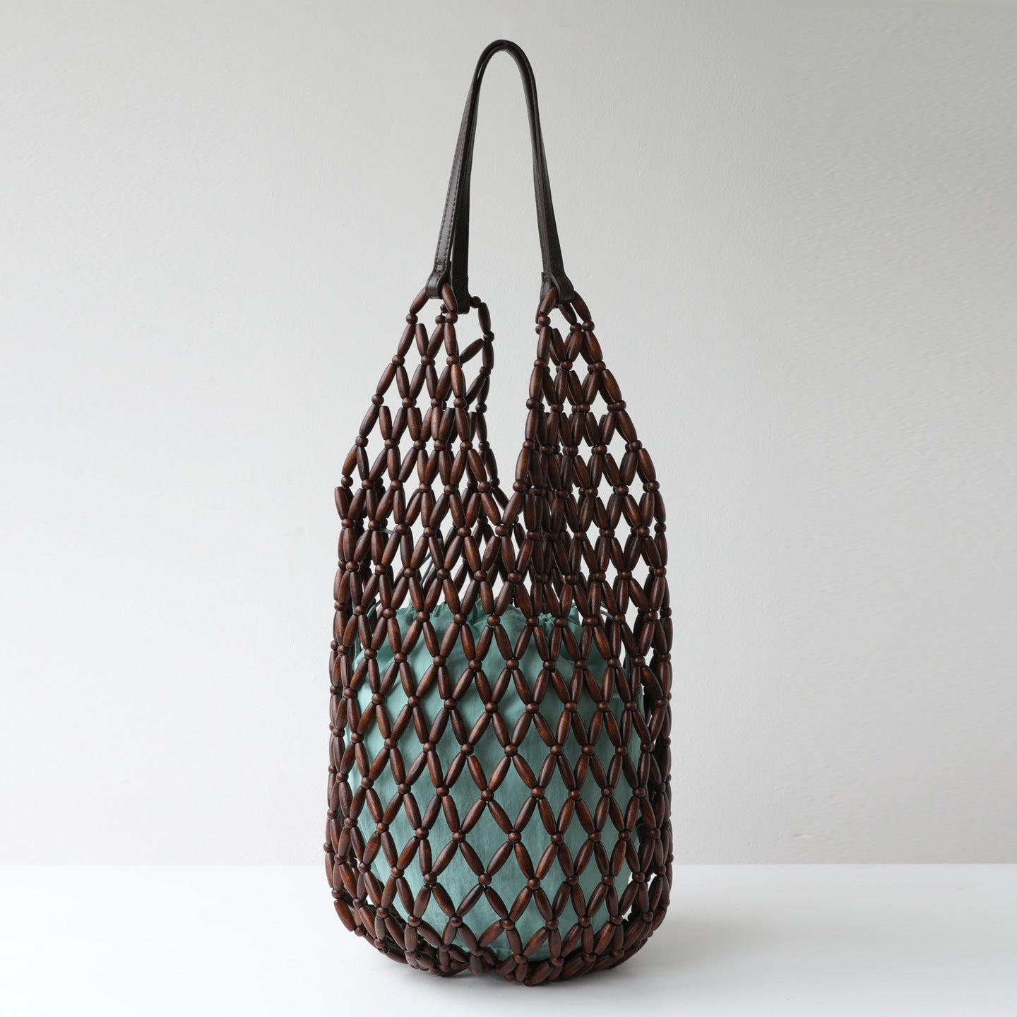 Wooden Bead Handwoven Underarm Bag for Women Cowhide Leather Shoulder Handbag, Artistic Resort Style Purse with Hollow Design