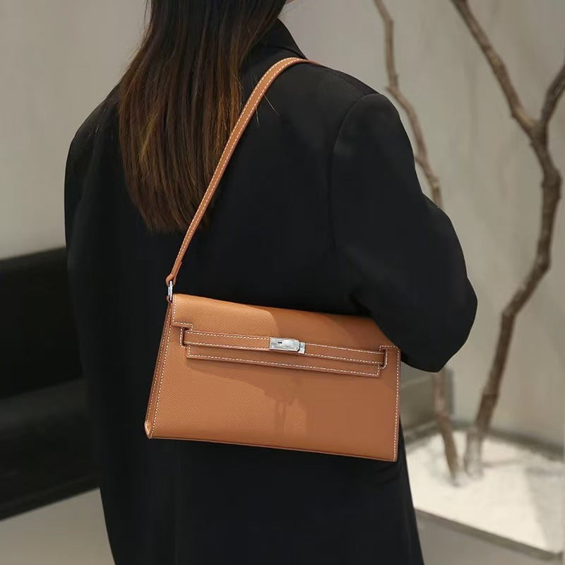 Premium Mini Genuine Leather Crossbody Bag, Designer-Inspired Turn-Lock Clutch with Palm Grain Texture, Chic Shoulder Purse with Removable Strap for Casual or Evening Use